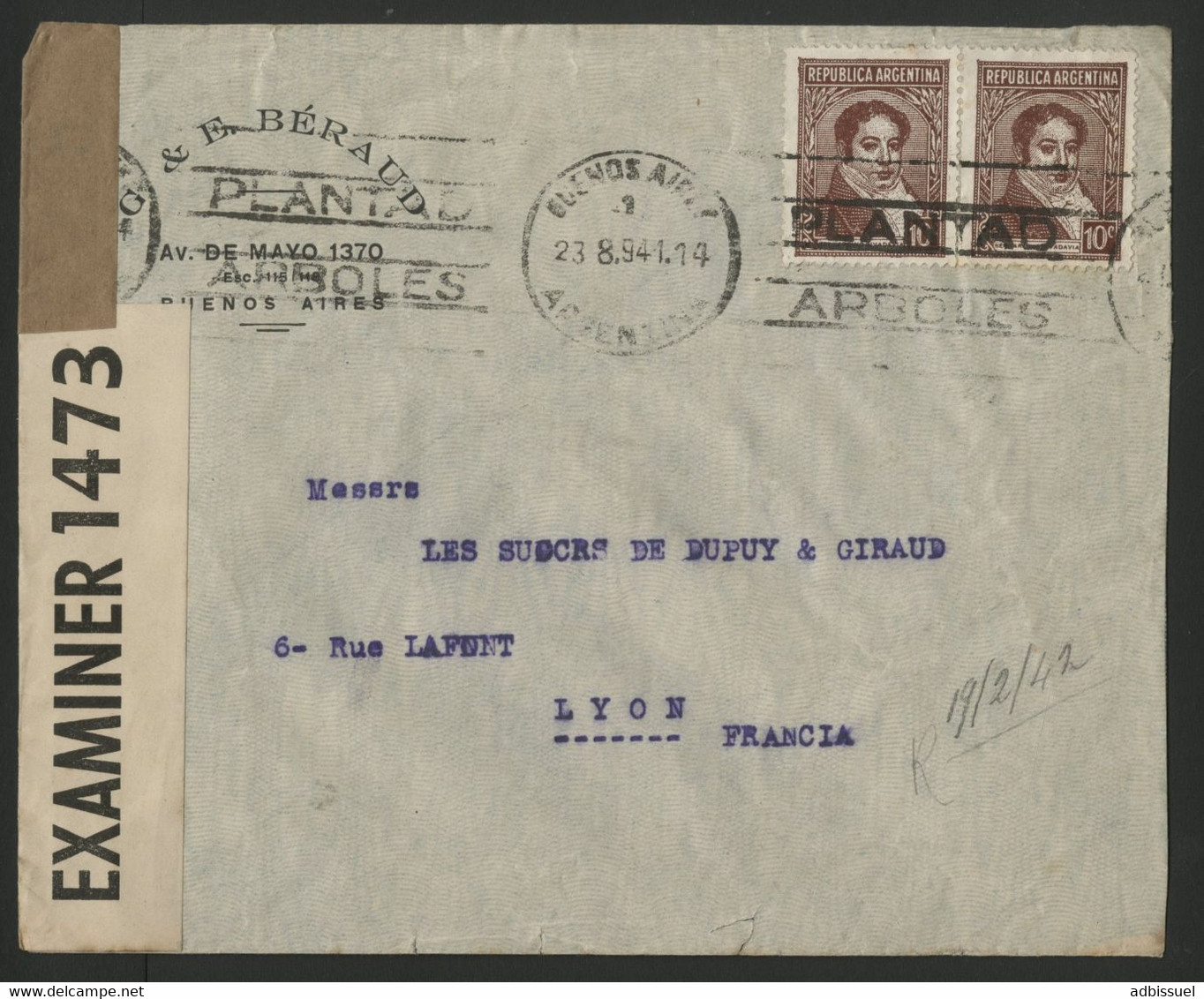 ARGENTINE Pli Par Avion En 1941 Pour La France Par Voie Maritime + La Censure Anglaise Des Bermudes (voir Description) - Cartas & Documentos