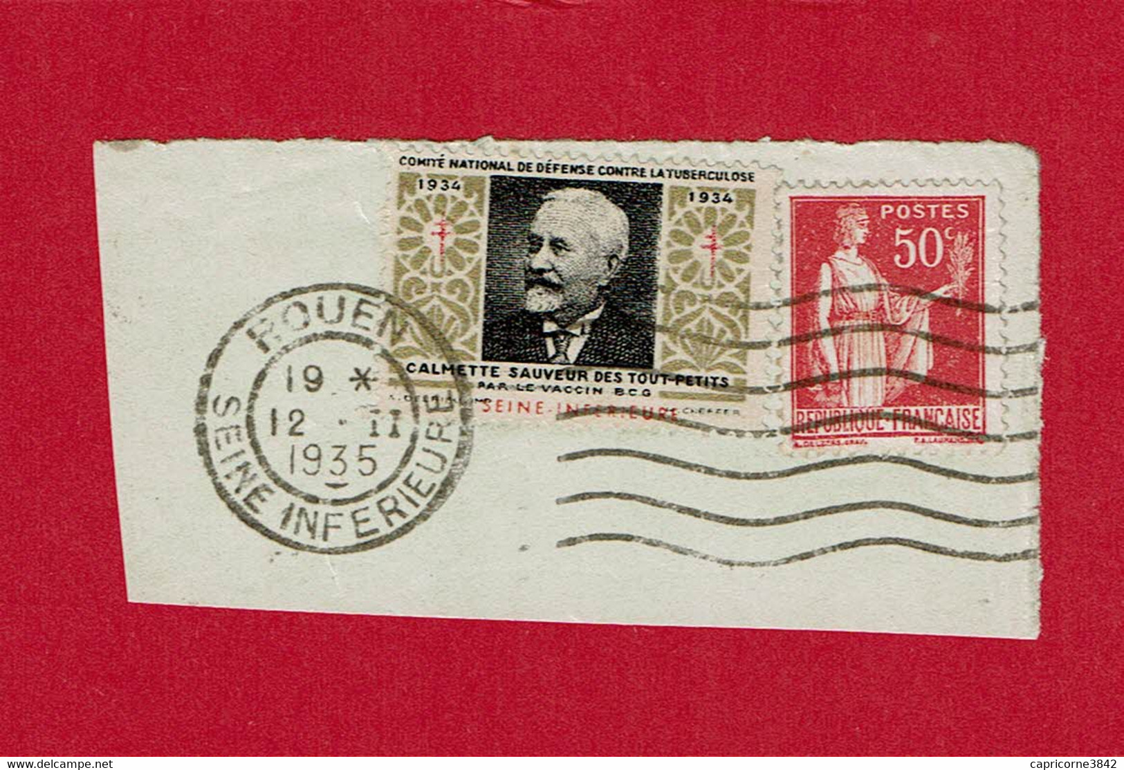 1935 - Timbre Paix 50ct Rouge Avec Vignette Calmette - Sur Fragment - Antitubercolosi