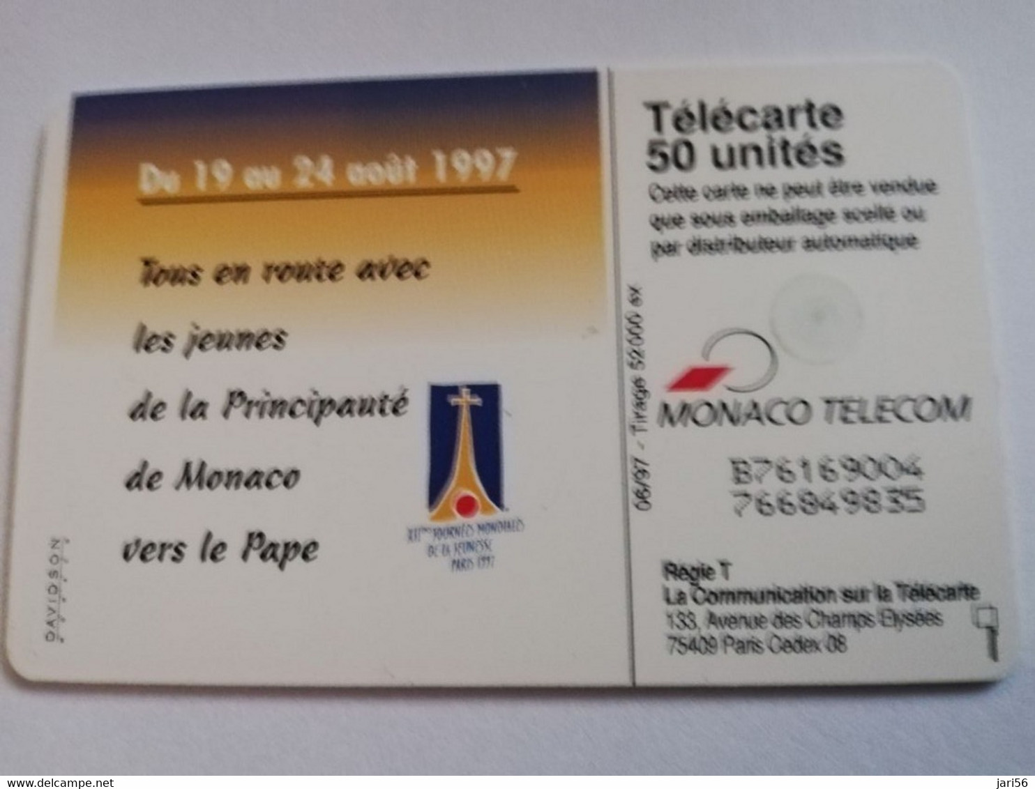 MONACO CHIPCARD  50 UNITS 12E JOURNEE MONDIALES DE LA JEUNESSE PARIS 1997      Fine Used Card   ** 3950 ** - Monace