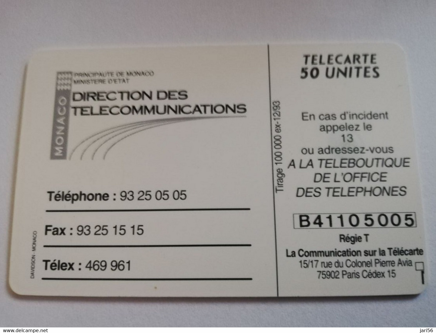 MONACO CHIPCARD  50 UNITS  DIRECTION DES TELECOMMUNICATIONS      Fine Used Card   ** 3951 ** - Monaco