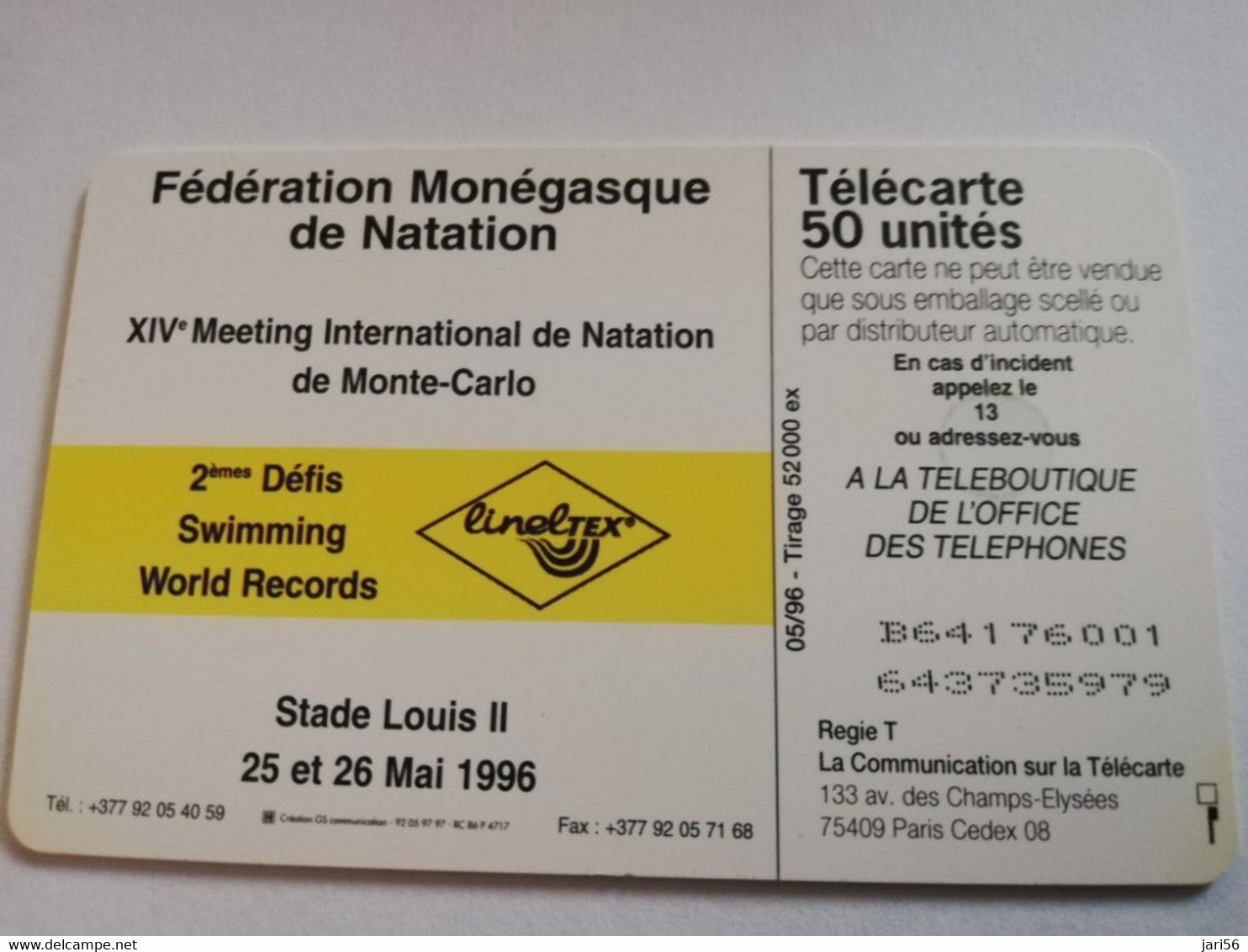 MONACO CHIPCARD  50 UNITS  SWIMMING WORLD RECORS MONTE CARLO      Fine Used Card   ** 3952 ** - Mónaco