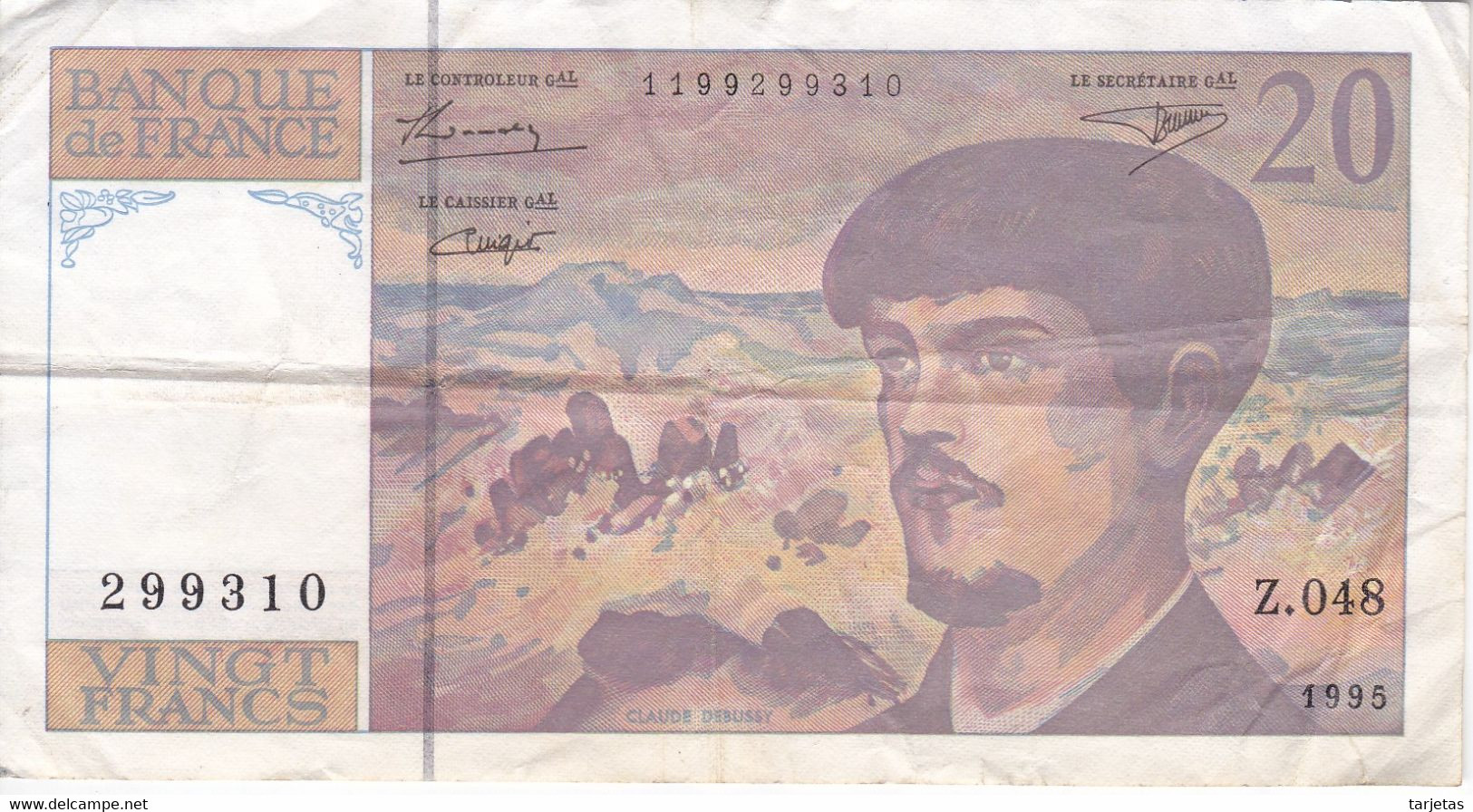 BILLETE DE FRANCIA DE 20 FRANCS DEL AÑO 1995 SERIE Z.048 (BANKNOTE) CLAUDE DEBUSSY - 20 F 1980-1997 ''Debussy''