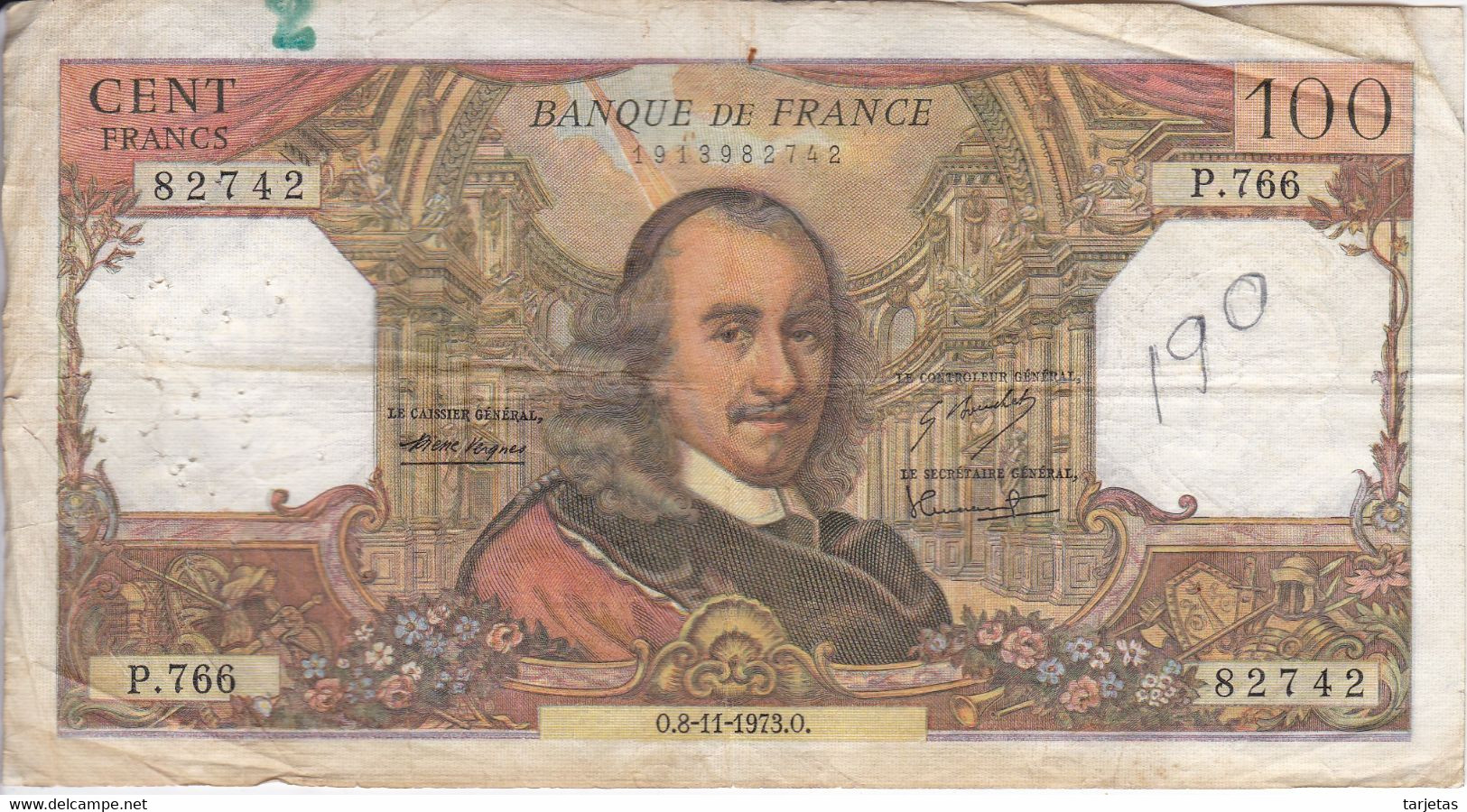BILLETE DE FRANCIA DE 100 FRANCOS DEL 8-11-1973 CORNEILLE  (BANKNOTE) - 100 F 1964-1979 ''Corneille''