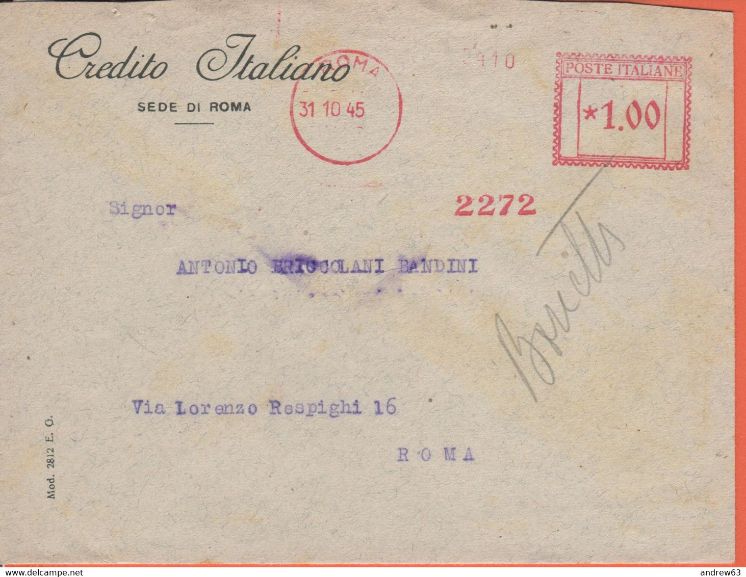 ITALIA - ITALY - ITALIE - 1945 - 1.00 EMA,Red Cancel - Banca Credito Italiano - Busta + Addebito Bonifico Bancario - Via - Franking Machines (EMA)