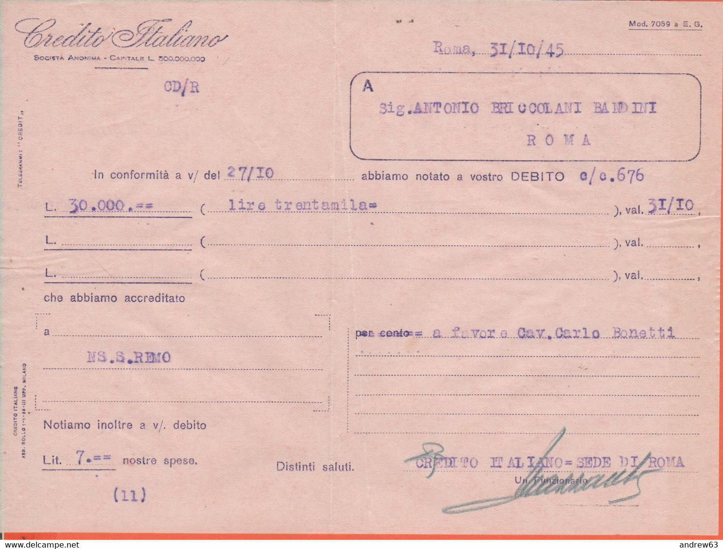 ITALIA - ITALY - ITALIE - 1945 - 1.00 EMA,Red Cancel - Banca Credito Italiano - Busta + Addebito Bonifico Bancario - Via - Franking Machines (EMA)