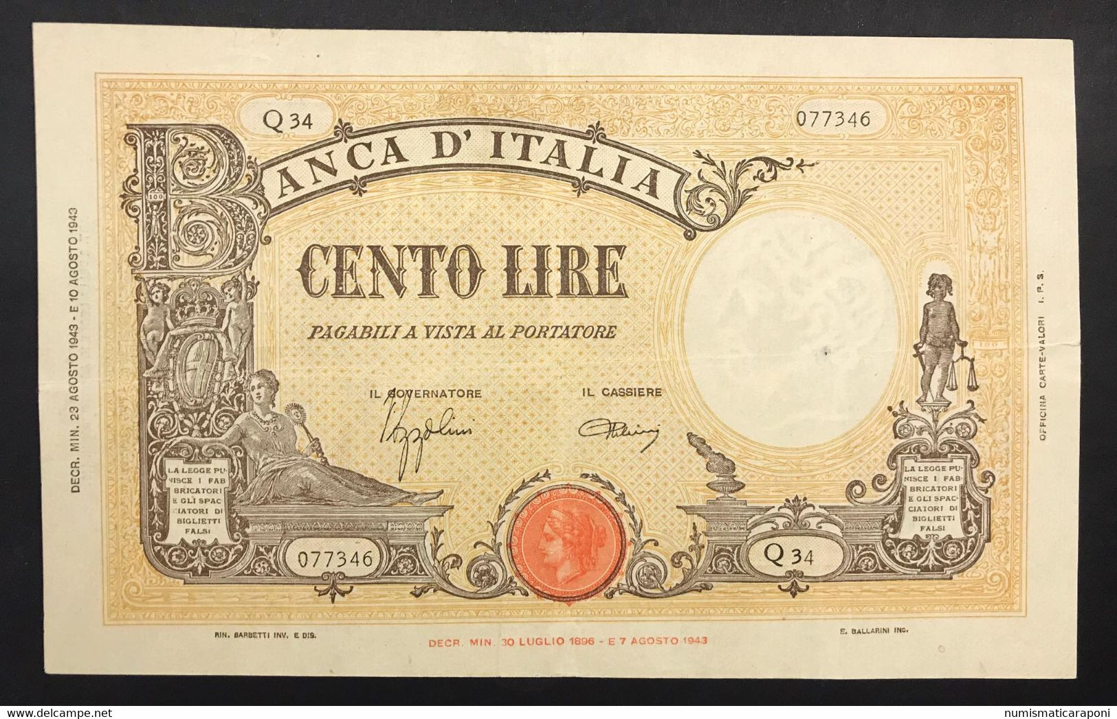 100 Lire Grande B ( B.I.) 23 08 1943 Bb+ Forellino Nell'ovale   LOTTO 1445 - 100 Lire