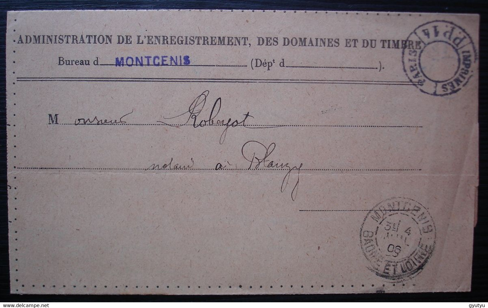 Montcenis 1906 Cachet Imprimés Paris P.P.14 Sur Lettre Administration De L'enregistrement Des Domaines Et Du Timbre. - 1877-1920: Semi Modern Period