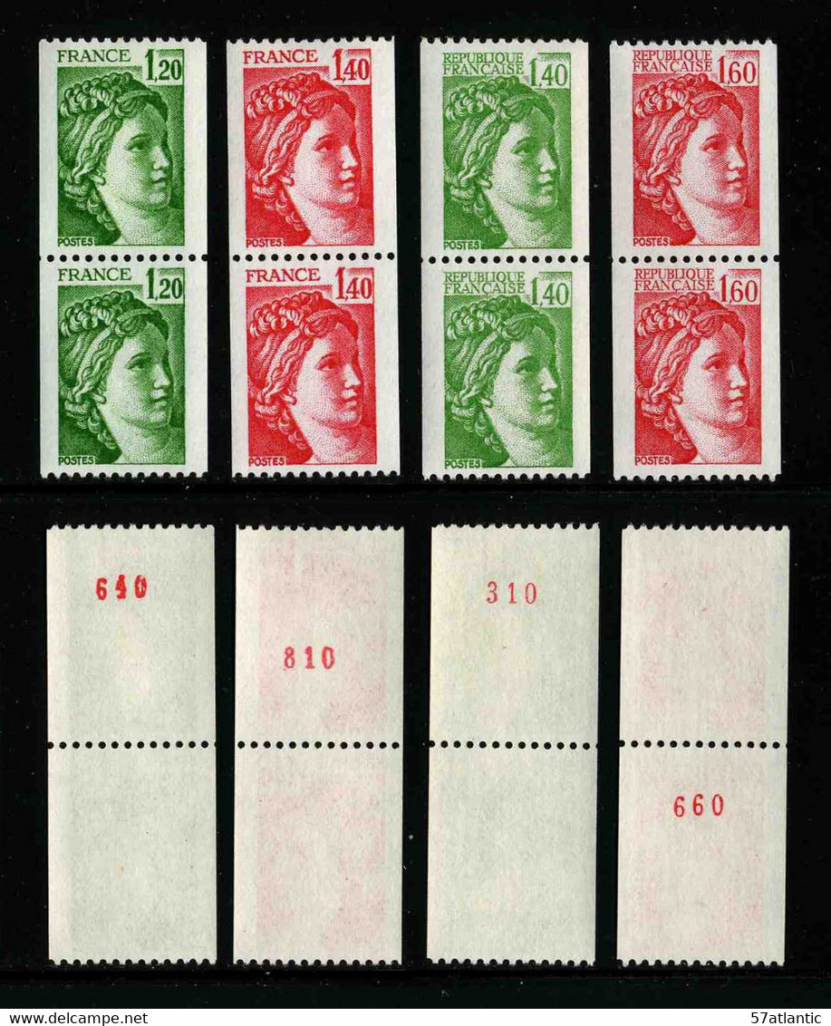 FRANCE - SABINE - YT 2103a, 2104a, 2157a, 2158a ** - TIMBRES DE ROULETTE EN PAIRES AVEC NUMEROS ROUGES NEUFS ** - 1977-1981 Sabine Of Gandon