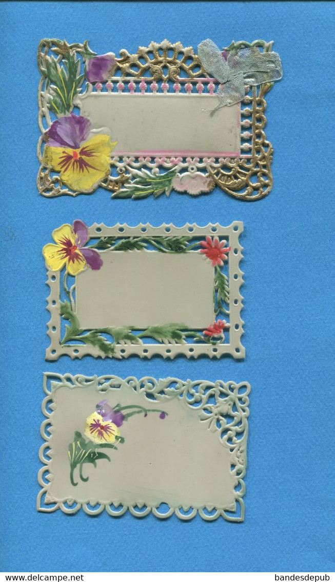 Bel Ensemble 3 Petites Cartes Mignonnettes Celluloid Fleur Pensée  Peintes à La Main Dentelle En Très Bon état - Other & Unclassified