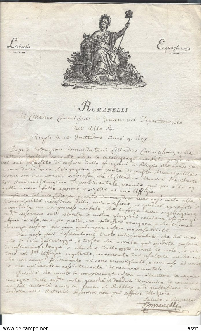 ( République Cisalpine ) Bozzolo  Romanelli  Autographe  Au Commissaire Gouvernement Alto Po  Cremona 23 Fructidor An 9 - Documents Historiques