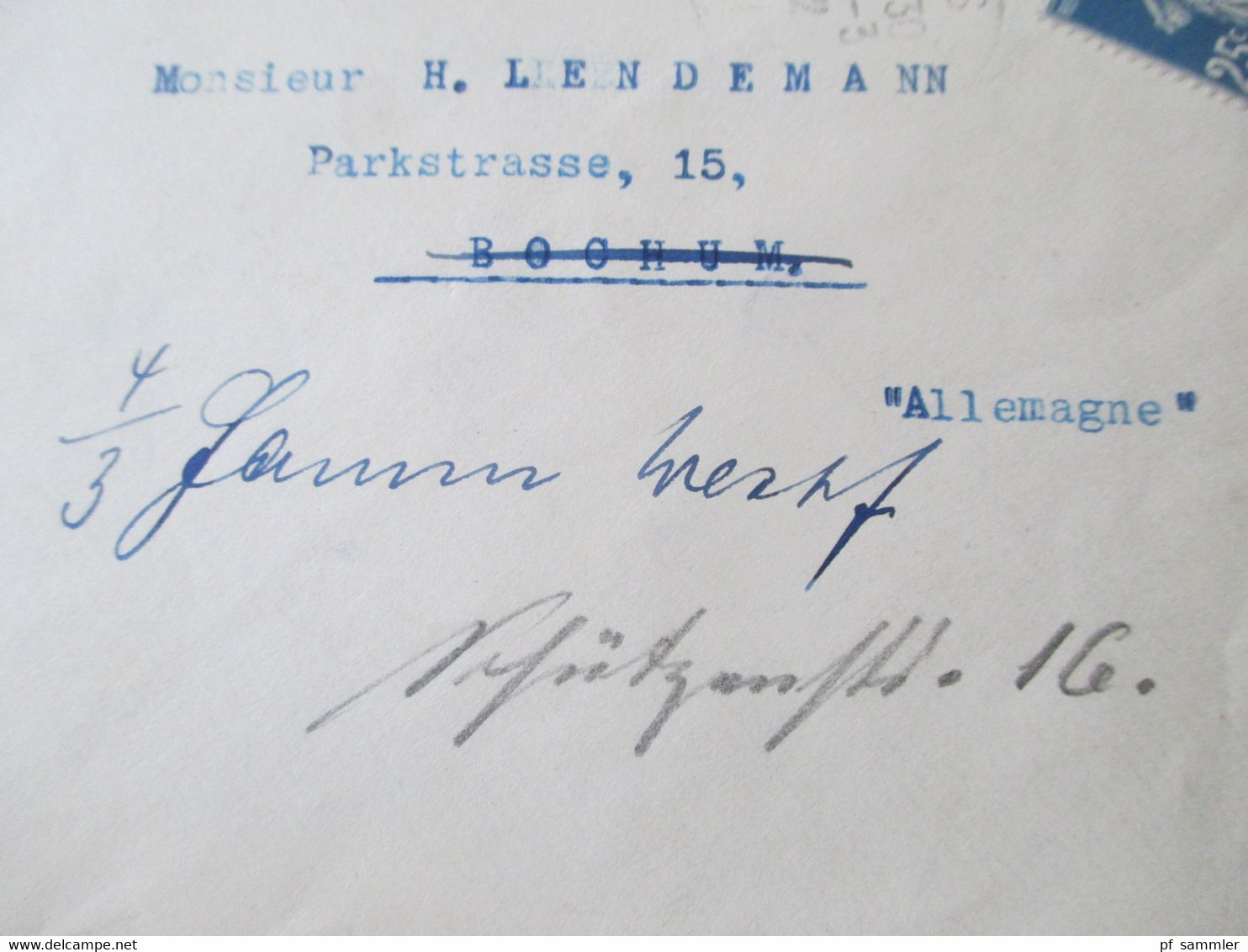 Frankreich 1912 Säerin Nr. 119 EF Nach Bochum Und Weitergeleitet Stempel Ohne Nähere Adresse In Hamm (Westf.) Unbekannt - Covers & Documents