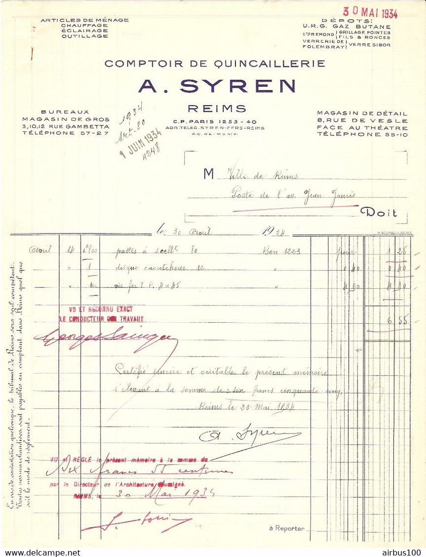 FACTURE 1934 - A. SYREN COMPTOIR De QUINCAILLERIE REIMS - DÉPOT U.R.G. GAZ BUTANE - VERRERIE De FOLEMBRAY - VERRE SIBOR - Droguerie & Parfumerie