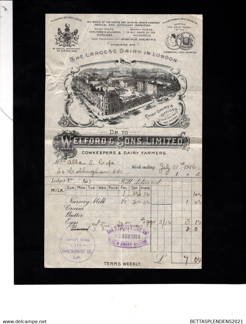 LONDON - 1916 Facture Illustrée - WELFORD & SONS  LIMITED - Cowkeepers & Dairy Farmers - Royaume-Uni