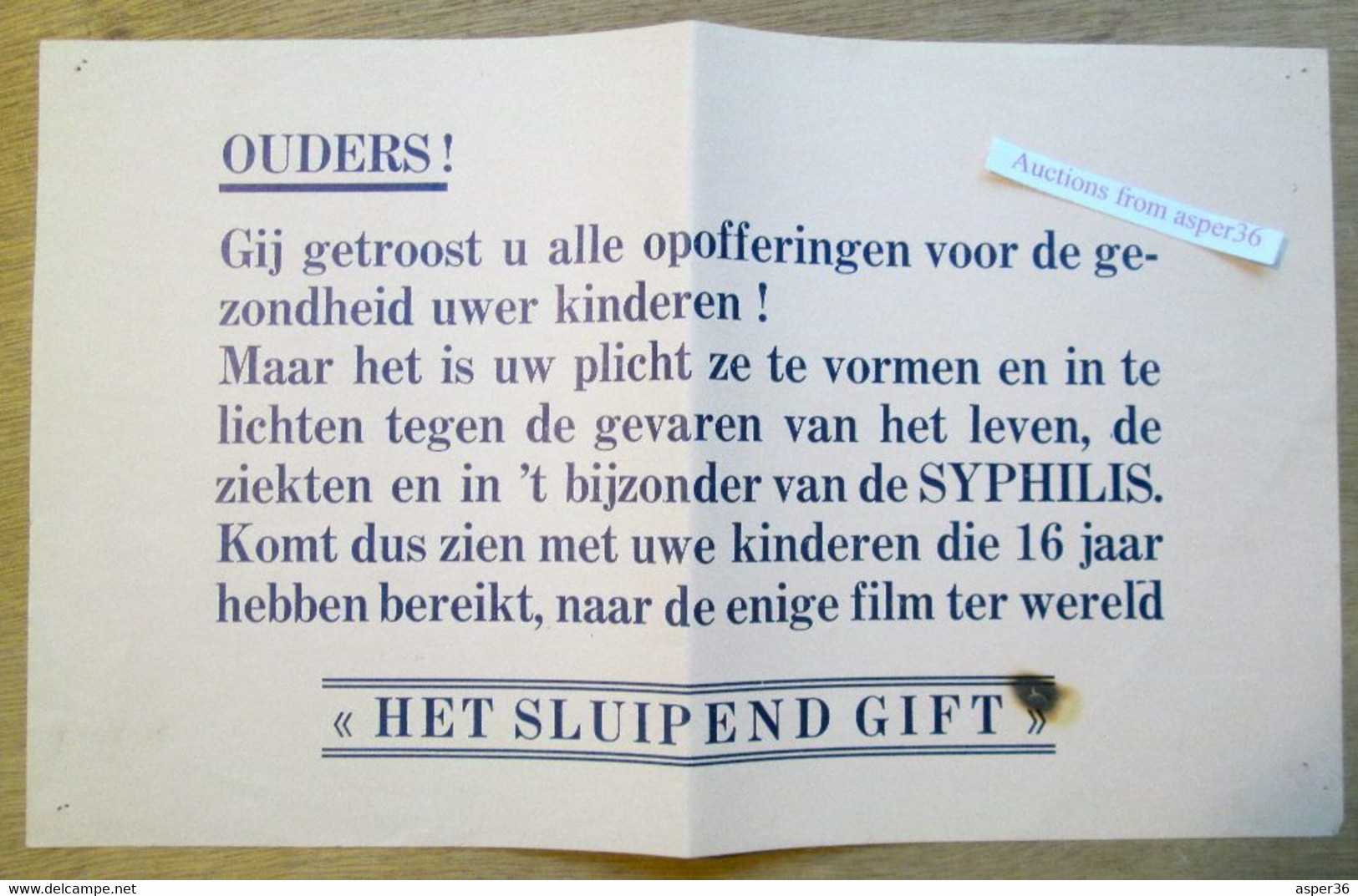 Affiche Film "Het Sluipend Gift"  De Syphilis, Film Bestond Al Tijdens De 2de Wereldoorlog - Collections