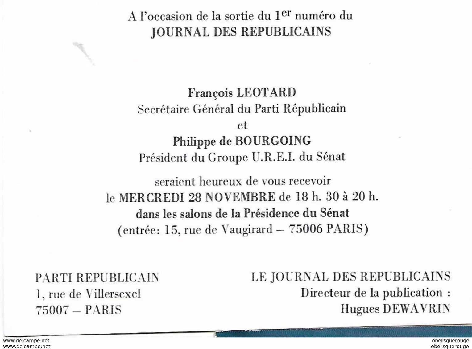 CARTON INVITATION FRANCOIS LEOTARD SG PARTI REPUBLICAIN RECOIT - Receptions