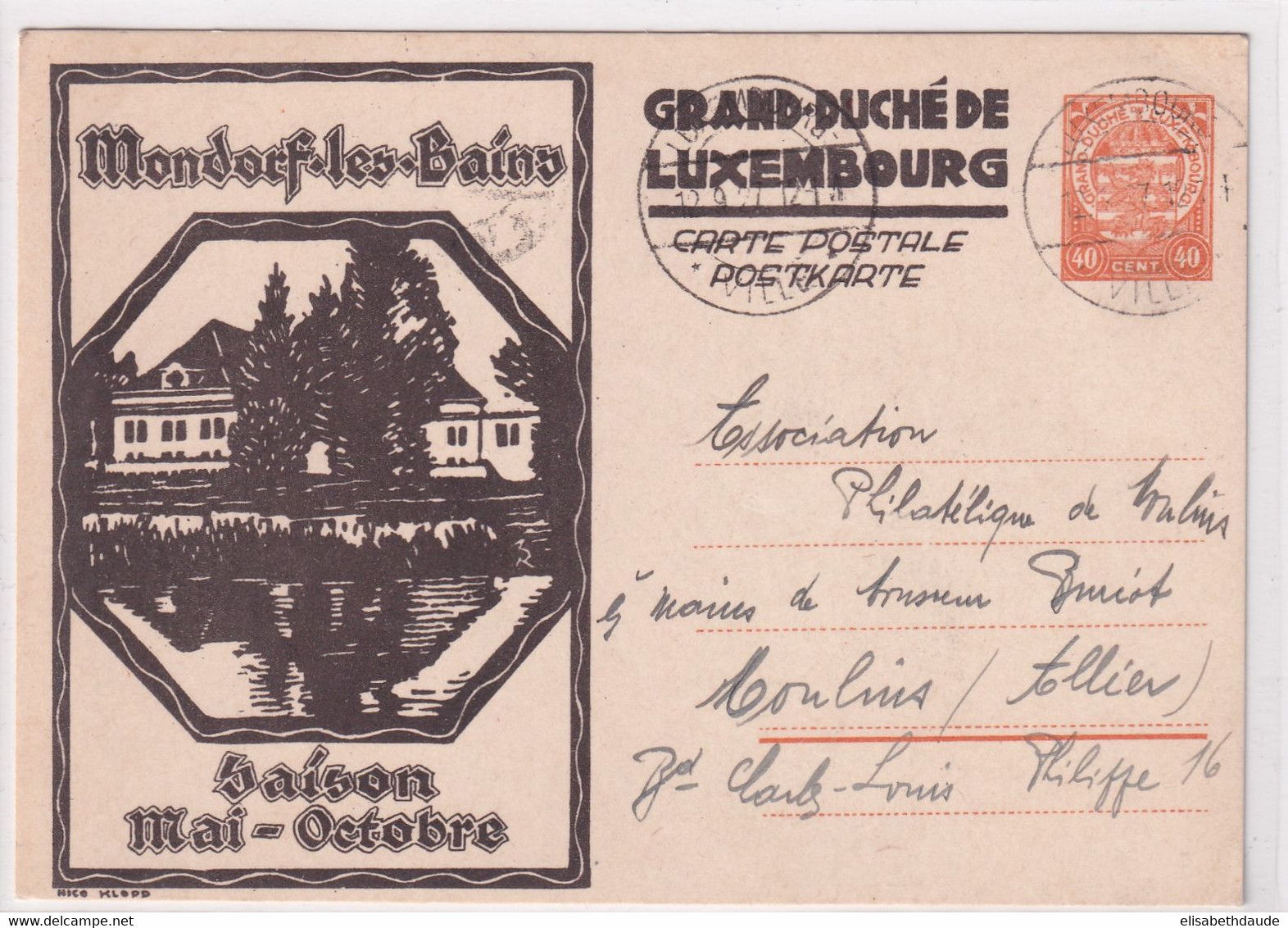 LUXEMBOURG - 1927 - CP ENTIER ILLUSTREE (MONDORF LES BAINS)  => MOULINS (ALLIER) - Enteros Postales