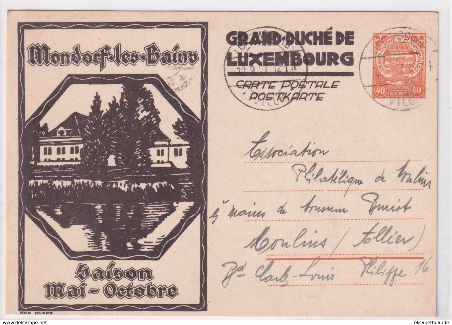 LUXEMBOURG - 1927 - CP ENTIER ILLUSTREE (MONDORF LES BAINS)  => MOULINS (ALLIER) - Postwaardestukken