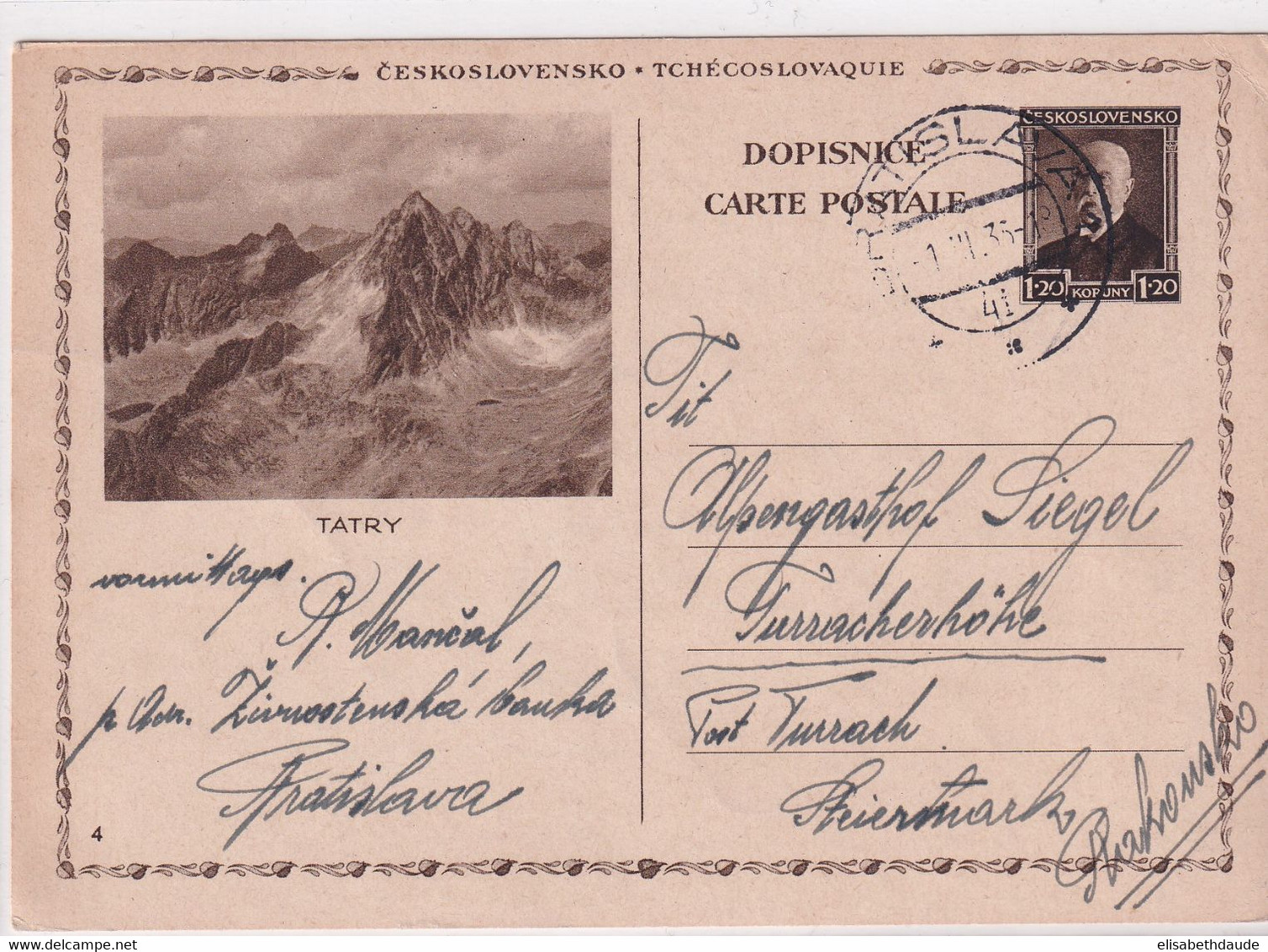 TCHECOSLOVAQUIE - 1935 - CP ENTIER ILLUSTREE (TATRY) De BRATISLAVA => TURRACHERHÖHE (STEIERMARK - AUTRICHE) - Cartoline Postali