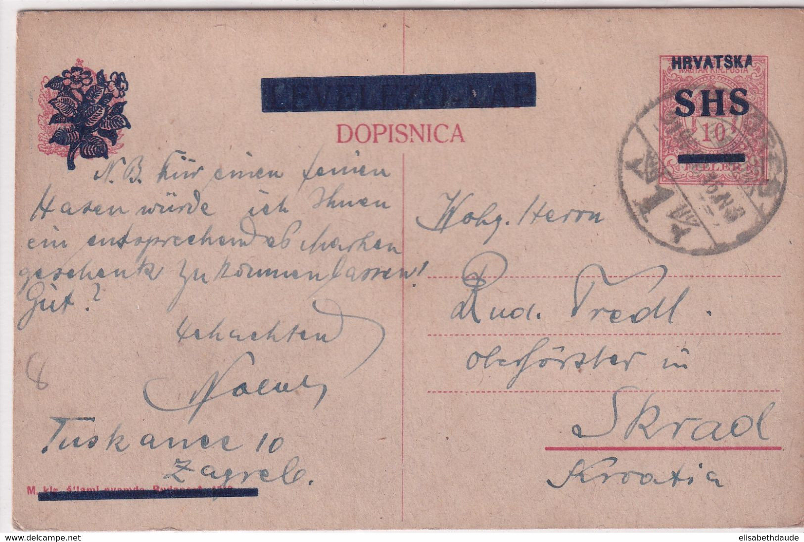 YOUGOSLAVIE / CROATIE - 1919 - CARTE ENTIER HONGROISE SURCHARGEE De ZAGREB => SKRAD - Ganzsachen