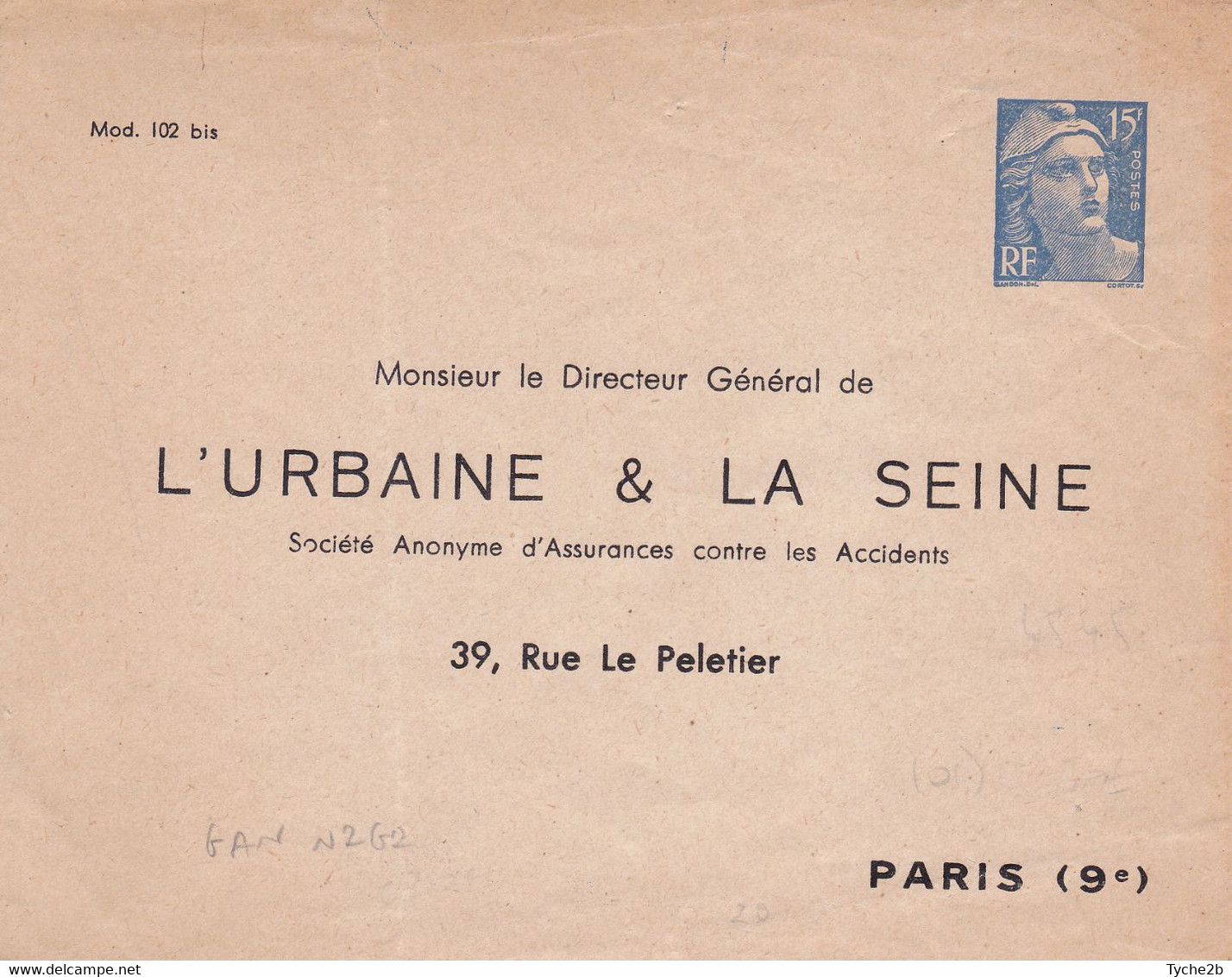 Enveloppe Gandon 15 Fr Bleu N2g2 Neuve Repiquage L'Urbaine Et La Seine - Bigewerkte Envelop  (voor 1995)