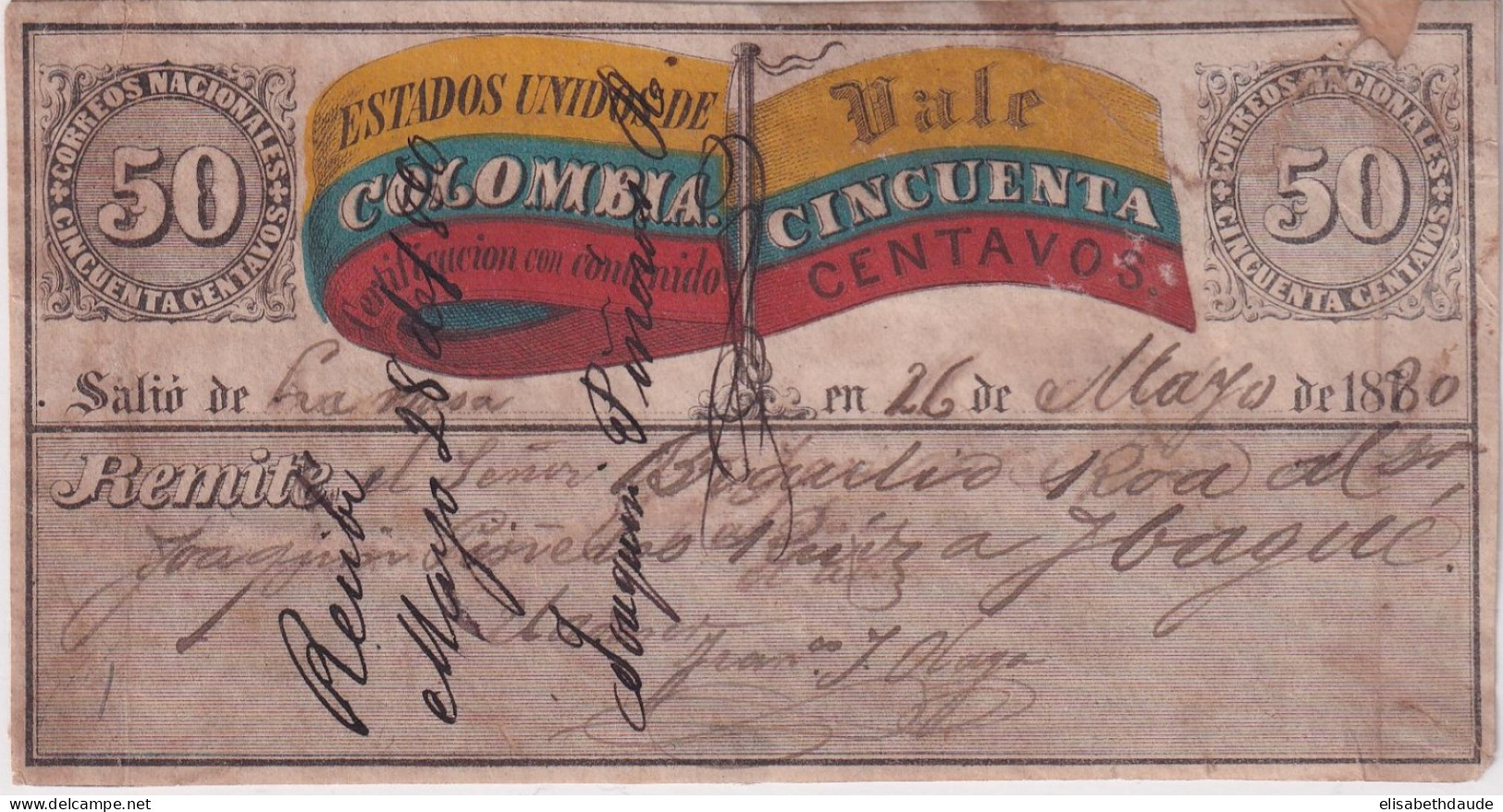 COLOMBIA - 1880 - ETIQUETTE "CERTIFICACION CON CONTENIDO" - ENTIER POSTAL - Kolumbien