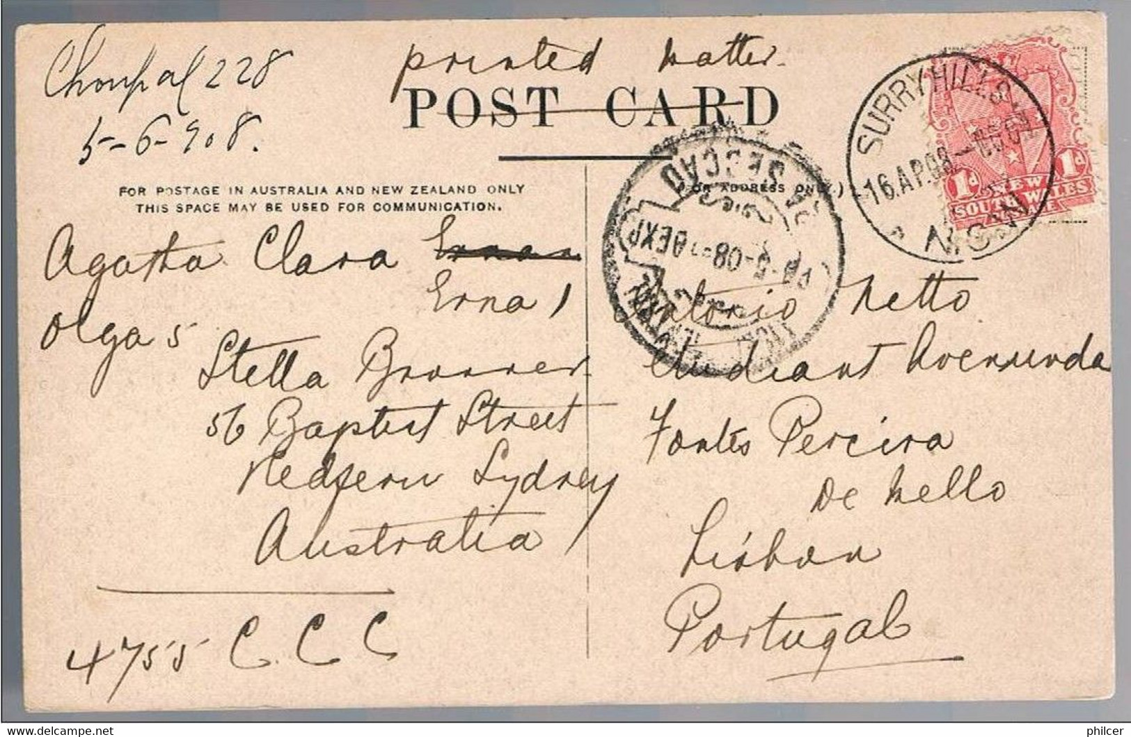 Australia, 1908, Sydney - The Punt, Middle Harbour, For Lisboa - Storia Postale