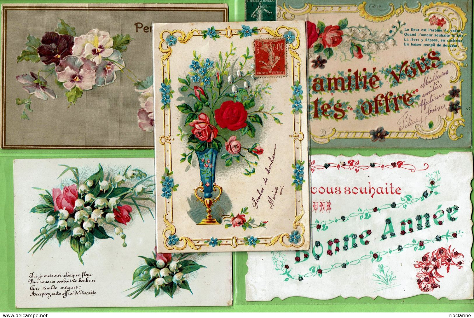 Très Beau Lot De 200 Cpa  Voeux Amitiès Cartes Illustrées Ou Gaufrèes Fleurs Paysages... - 100 - 499 Cartoline