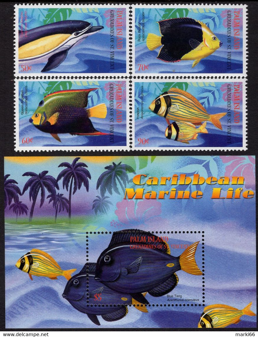 Grenadines Of St. Vincent - Palm Island - 2003 - Marine Life Of The Caribbean - Mint Stamp Set + Souvenir Sheet - St.Vincent & Grenadines