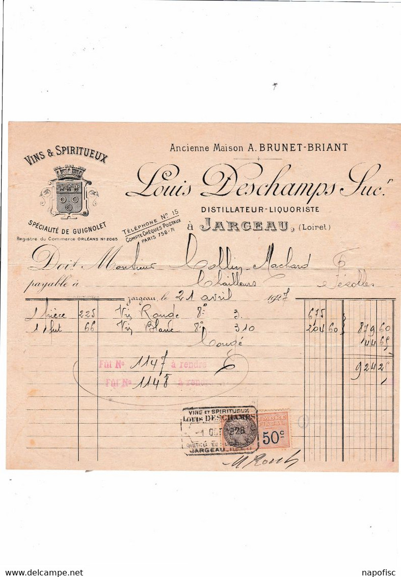 45-L.Deschamps...Distillateur-Liquoriste...Jargeau...(Loiret)....1927 - Otros & Sin Clasificación