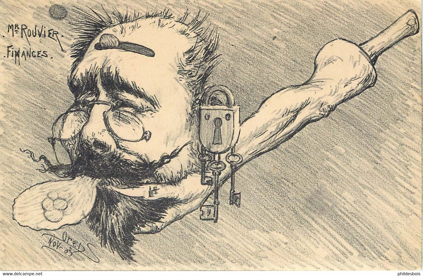 CARICATURE SATIRIQUE POLITIQUE  Illustrateur ORENS  Mr ROUVIER  ( Pipe ) - Satirische