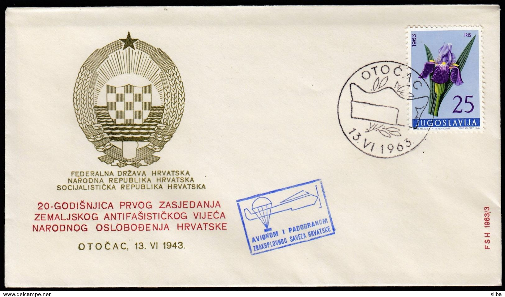 Yugoslavia Croatia Otocac 1963 / 20 Years Of ZAVNOH Conference / Posted By Airplane And Parachute - Covers & Documents