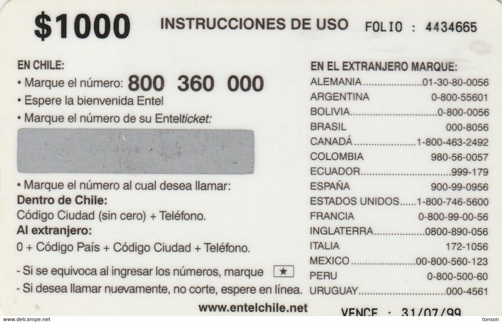 Chile, ENT-Tower-012, $ 1.000, Torre Y Lago, Telecomunications Tower, Mint, 2 Scans. - Chili