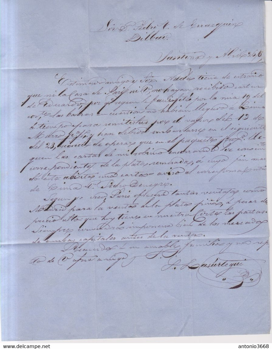 Año 1865 Edifil 75 4c Sello Isabel II  Carta Matasellos Santoña Santander - Lettres & Documents