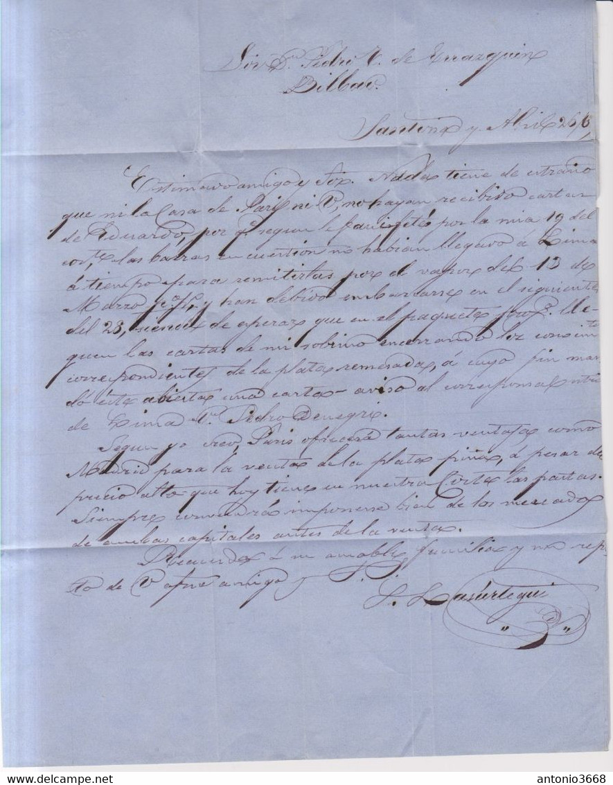 Año 1865 Edifil 75 4c Sello Isabel II  Carta Matasellos Santoña Santander - Briefe U. Dokumente