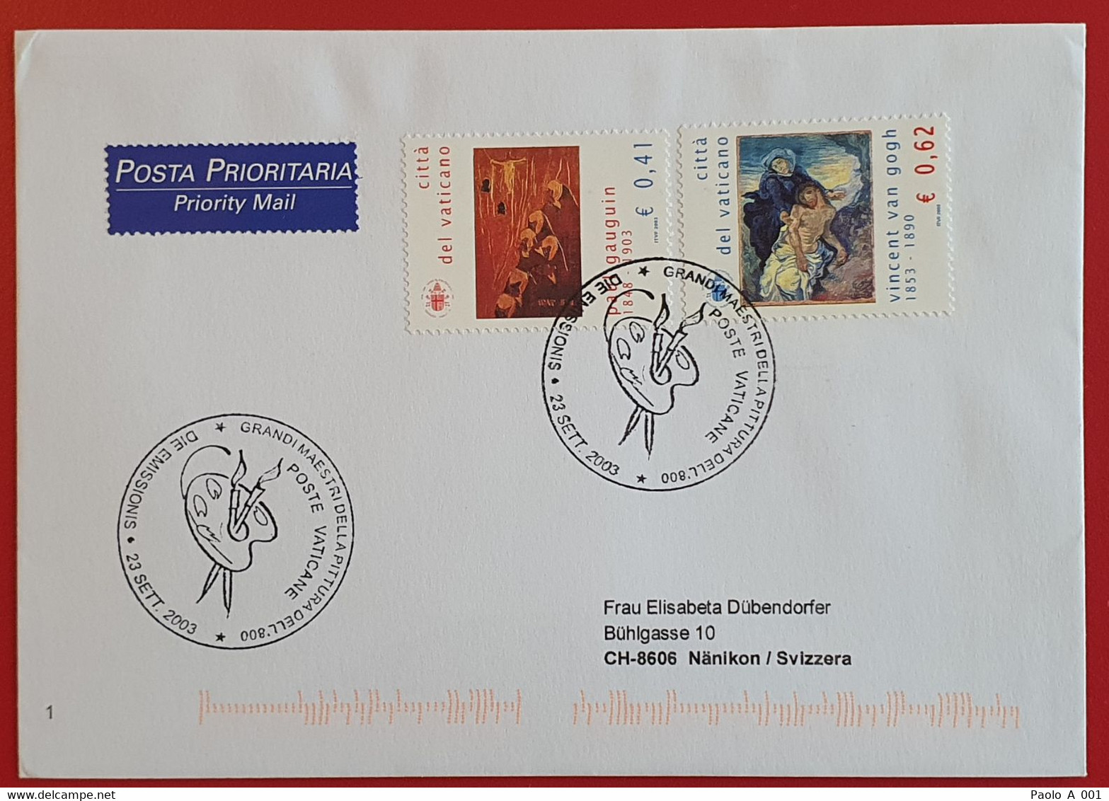 VATICANO VATIKAN VATICAN GREAT PAINTER GAUGUIN MATTHEW VAN GOGH PIETA 2003 FDC TO ZURICH SVIZZERA SWITZERLAND - Storia Postale