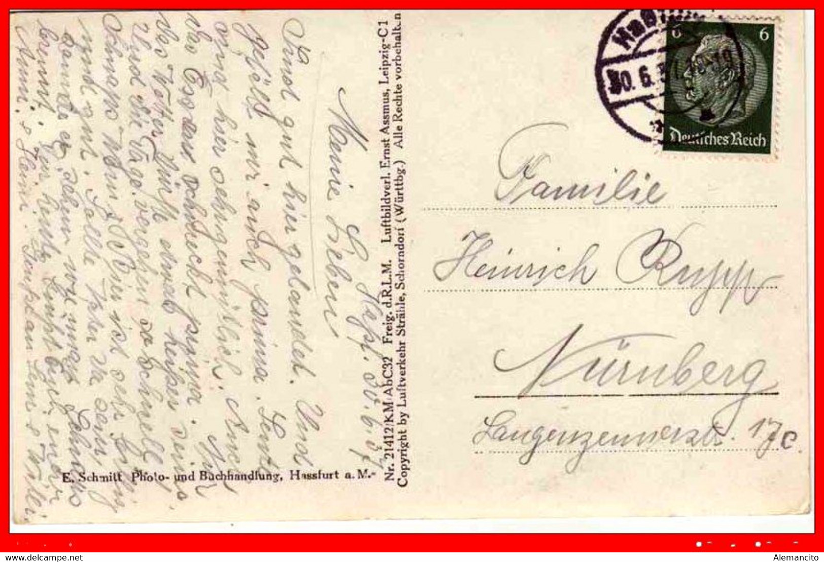 POSTAL BAVIERA HASSFURT A. MAIN AÑO 1937 FLIEGERAUFNAHMEEN - Hassfurt