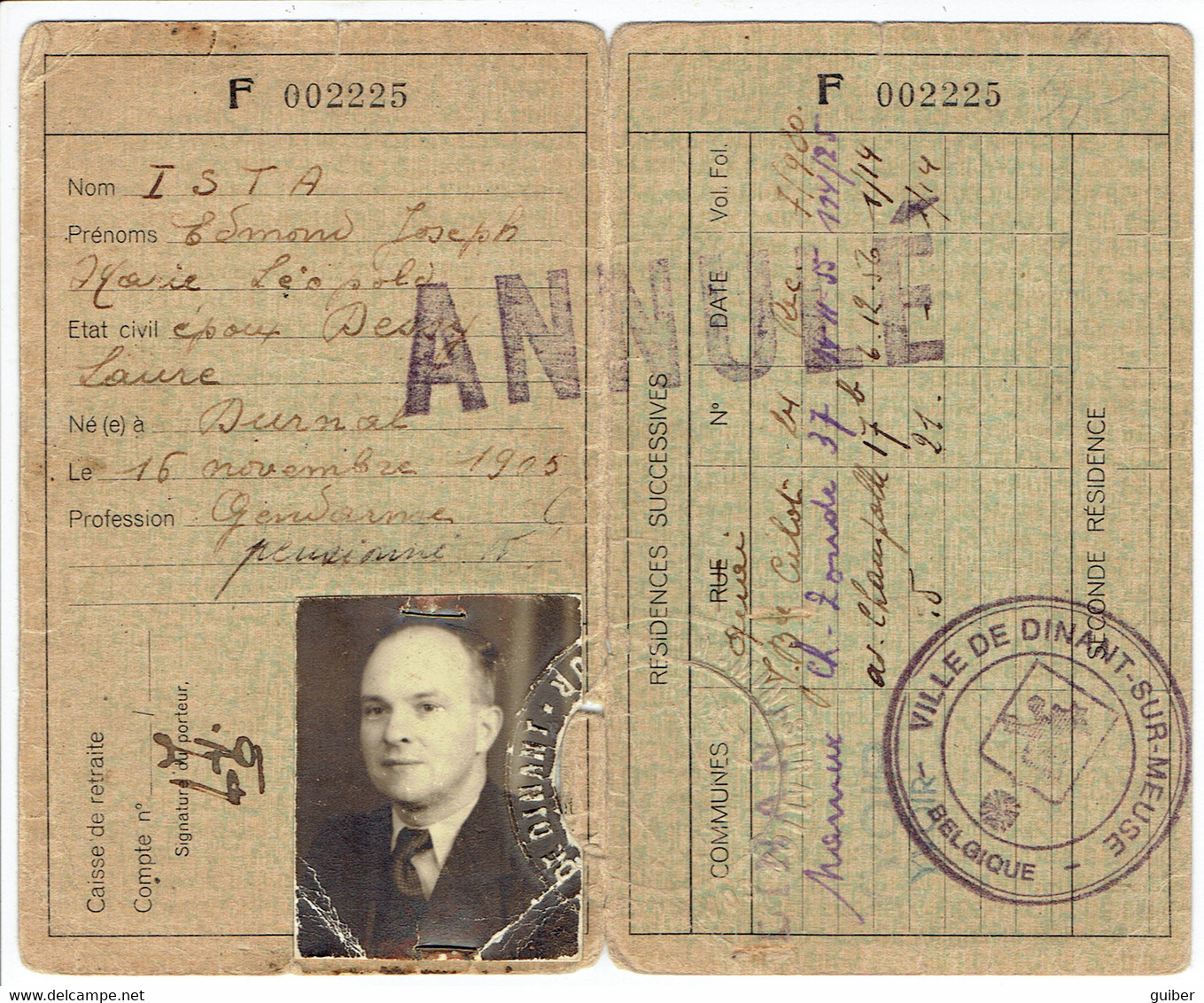 Carte D'identité Belge Mr Ista Gendarme Pensionné Né A Durnal 1905 Emise A Dinant Avec Photo - Unclassified