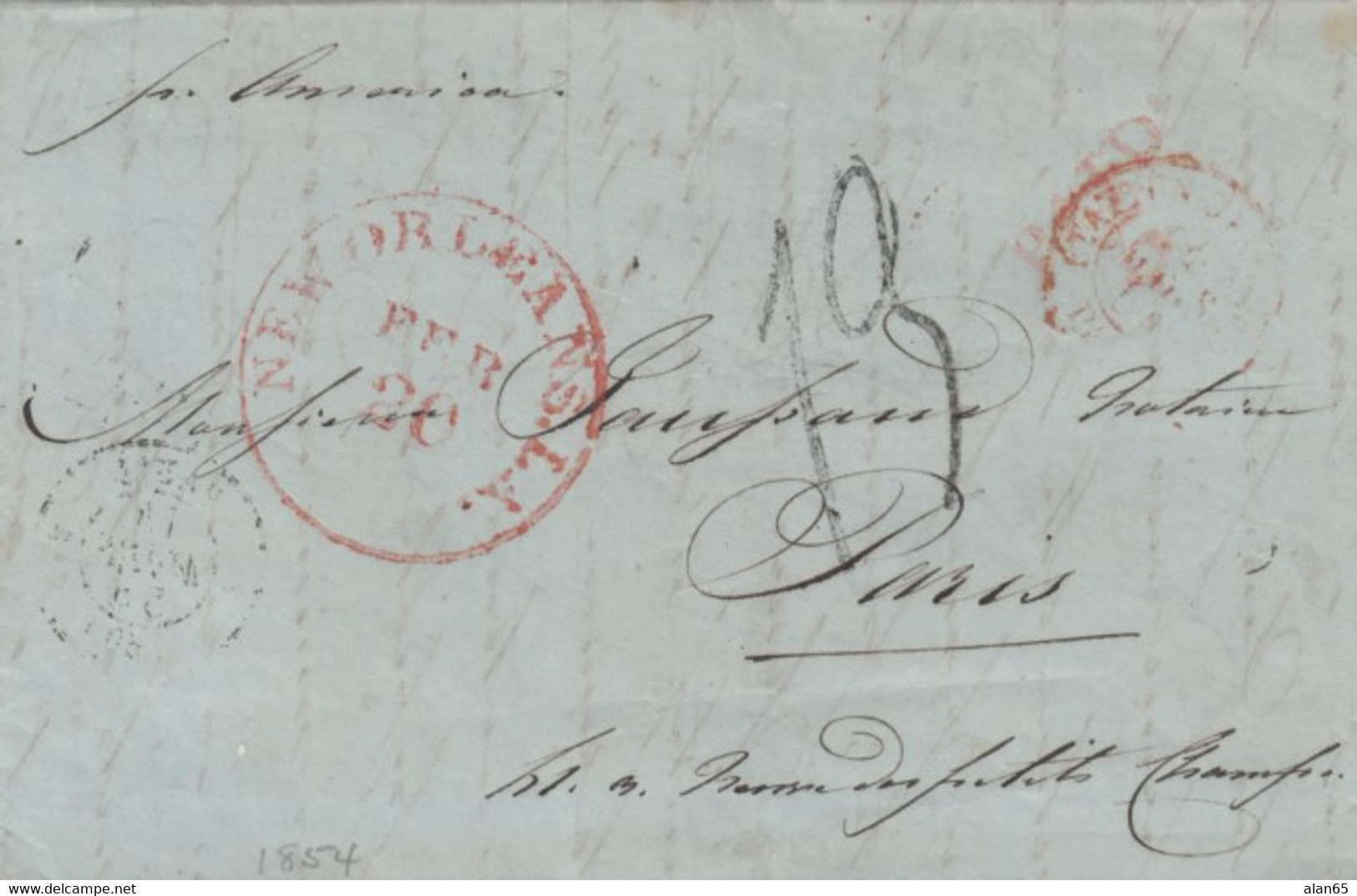 Stampless Cover And Letter, New Orleans LA 'Paid' Red To Paris France, Via Boston, 'CG' Transit Mark On Back, 1854 - …-1845 Préphilatélie