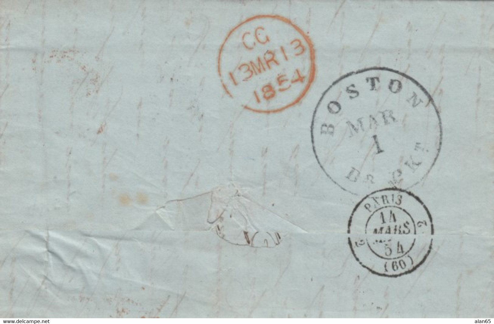 Stampless Cover And Letter, New Orleans LA 'Paid' Red To Paris France, Via Boston, 'CG' Transit Mark On Back, 1854 - …-1845 Préphilatélie