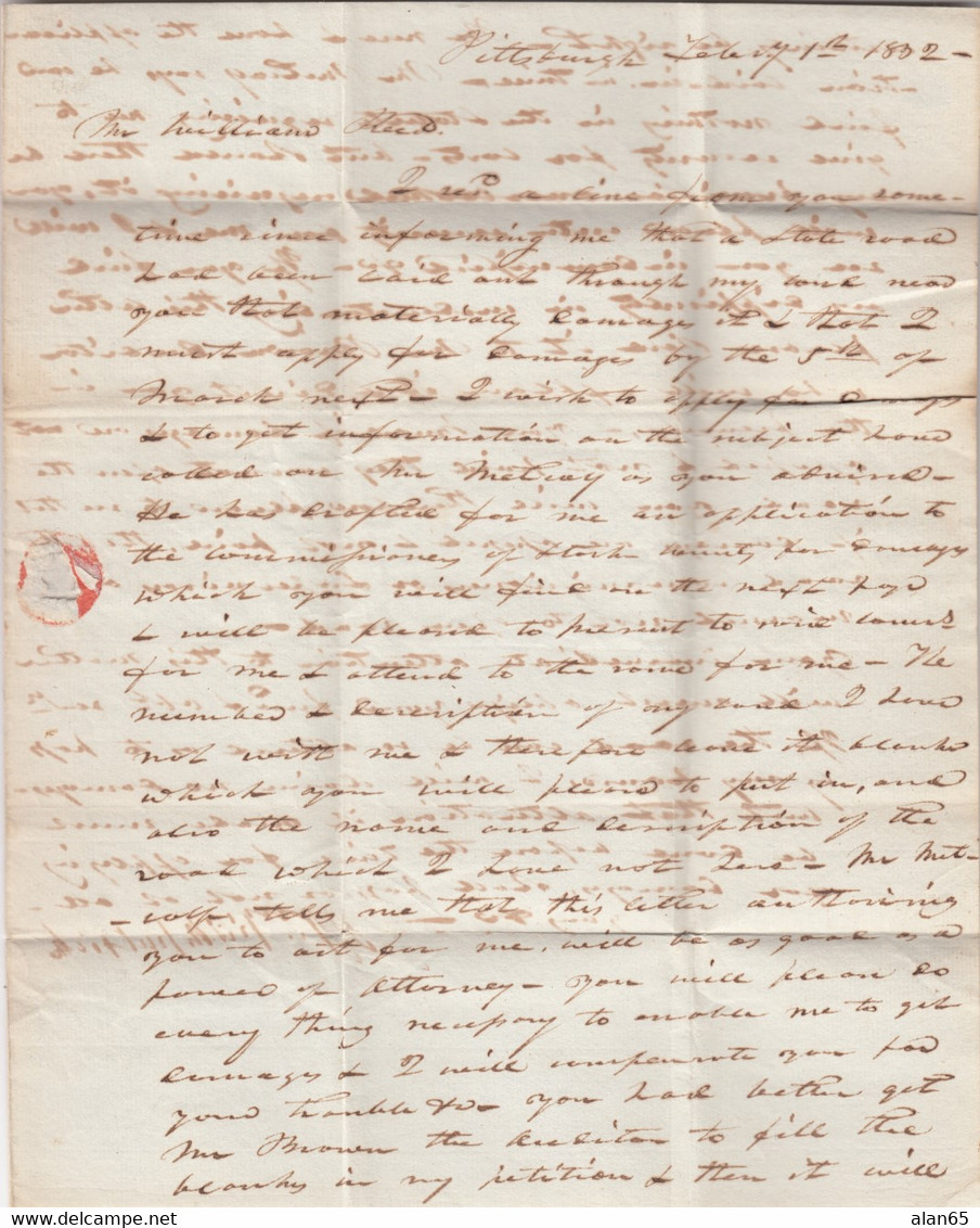 Stampless Cover And Letter, Pittsburgh Pa. 12c Rate To Marion Township(?) Ohio, 1832, Legal Letter About Road Building - …-1845 Vorphilatelie