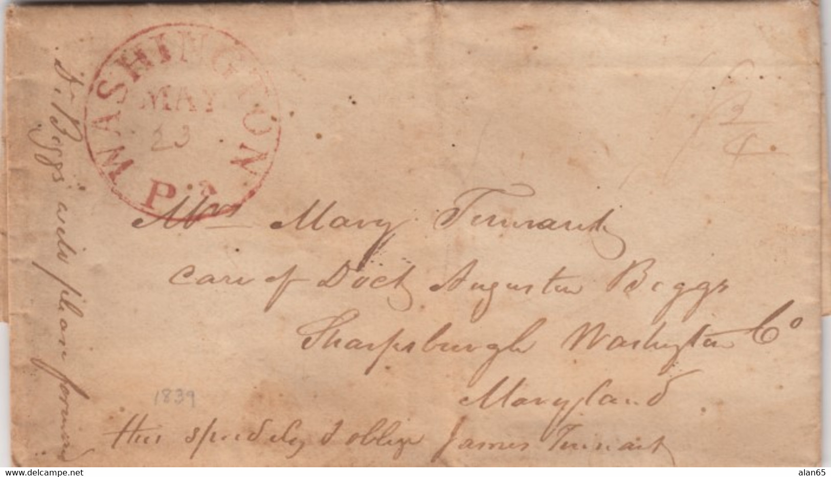 Stampless Cover And Letter, Washington Pa. 18 3/4c Rate To Sharpsburgh Maryland, 1839 - …-1845 Préphilatélie