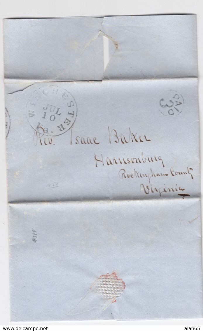 Stampless Cover And Letter, Winchester Va. To Harrisonburg Virginia, 3c Paid Circle, 1854 - …-1845 Préphilatélie