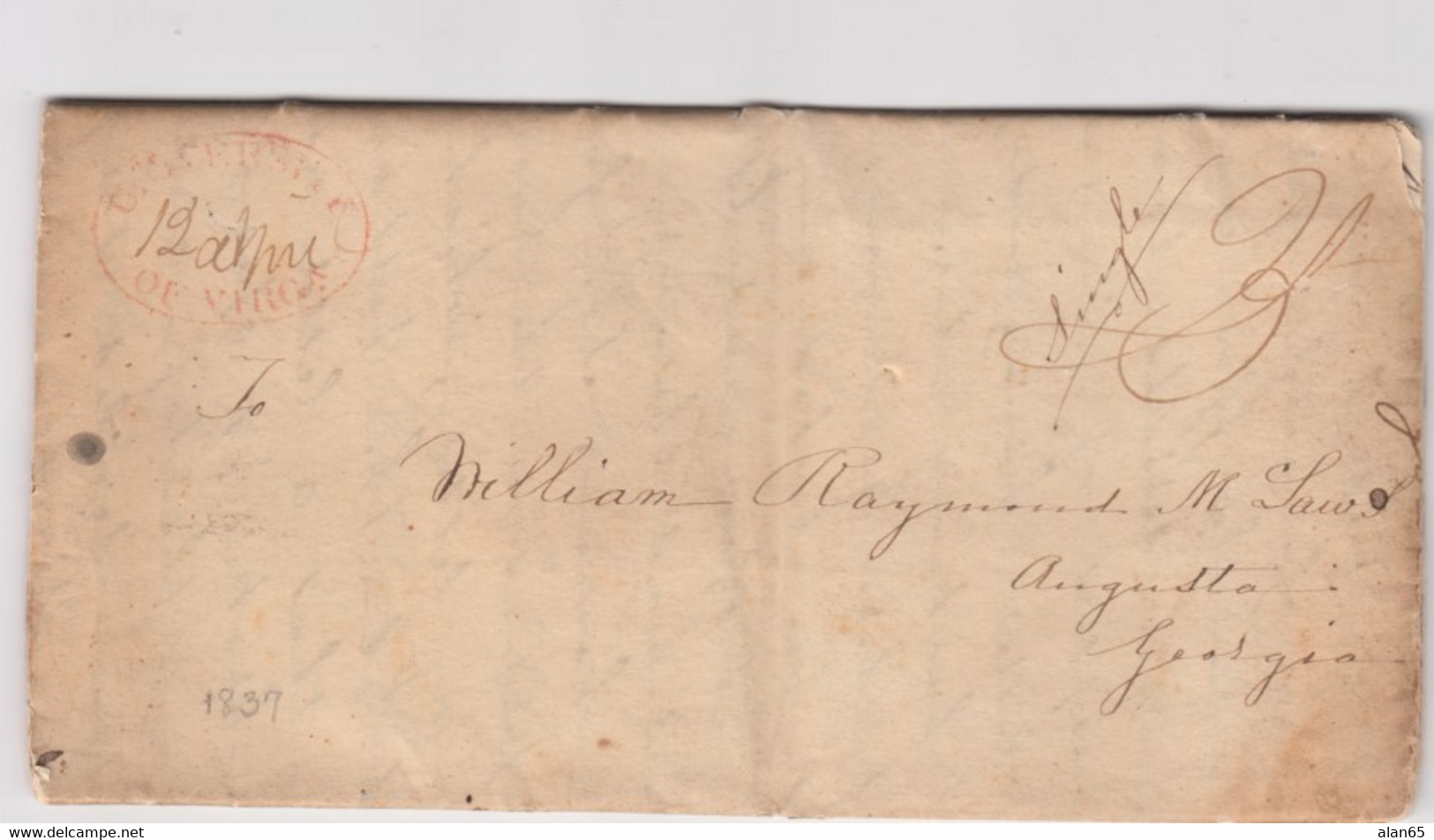 Stampless Cover And Letter, University Of Virginia To Augusta Georgia, 25c(?) Rate, 1837 - …-1845 Prephilately