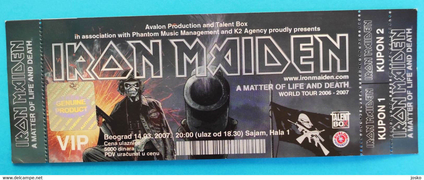 IRON MAIDEN - A Matter Of Life And Death ... BelgradeVIP Concert Ticket 2007. * MINT CONDITION * Billet Biglietto Boleto - Concert Tickets