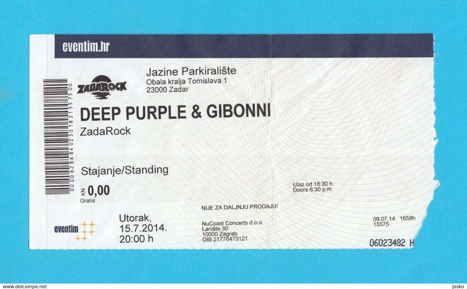 DEEP PURPLE ... 2014. Original Old Concert Ticket ( InZadar - Croatia ) Billet Biglietto Boleto Kroatien Croatie Croazia - Concert Tickets