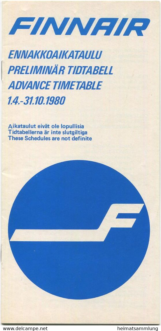 Finnair - Advance Timetable 1980 - 18 Seiten - Europe