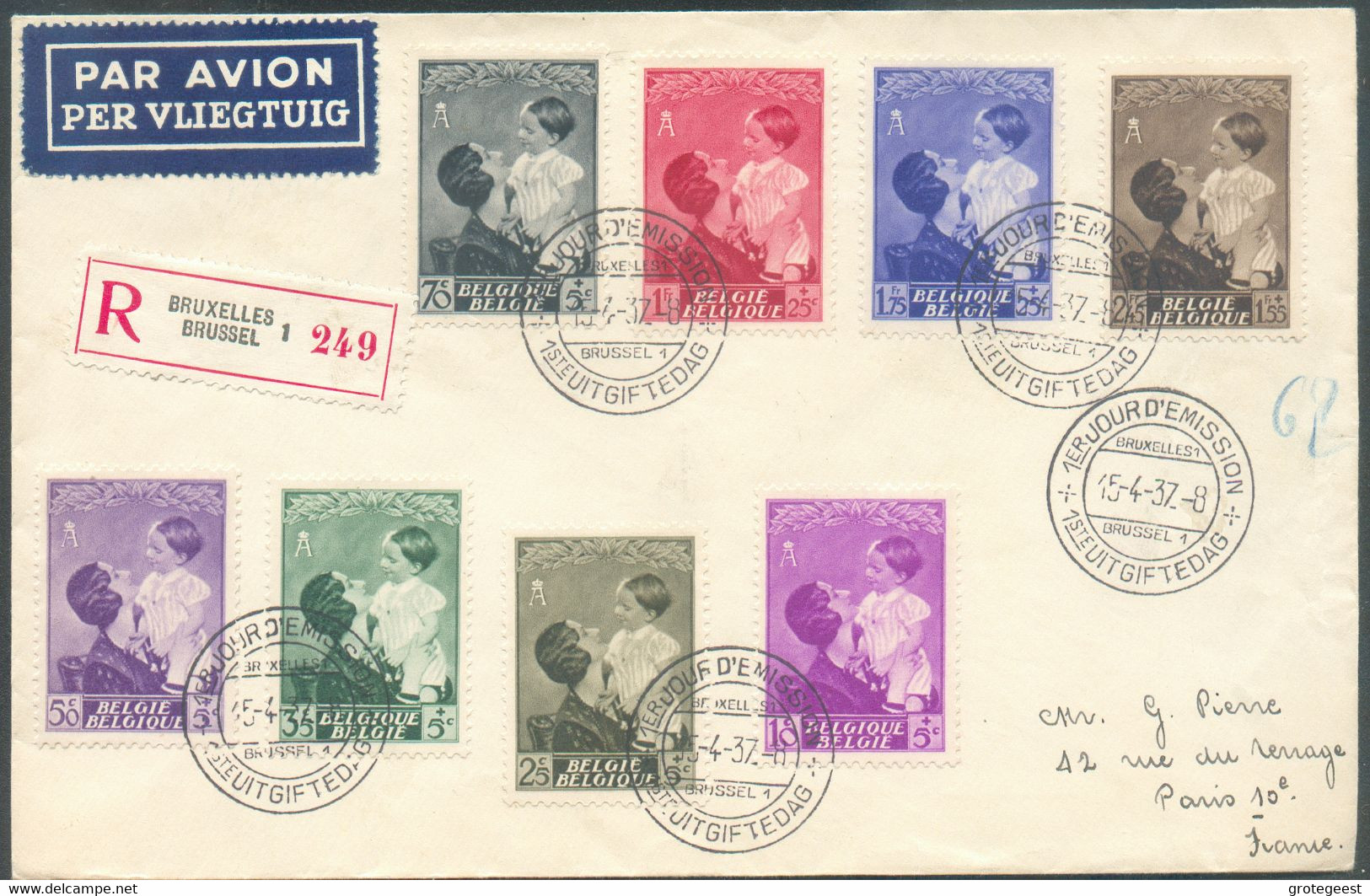 N°447/454 - Série Reine Astrid Obl. Dc BRUXELLES 1 Sur Lettre Recommandée Du 15-4-1937 Vers Paris. - Superbe - 16575 - Cartas & Documentos