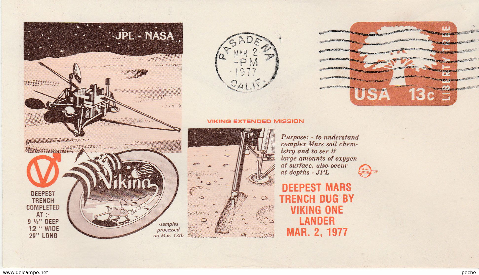 N°944 N -lettre (cover) -g Deepest Mars Trench Dug By Viking One 1977 --entier Postal- - Amérique Du Nord