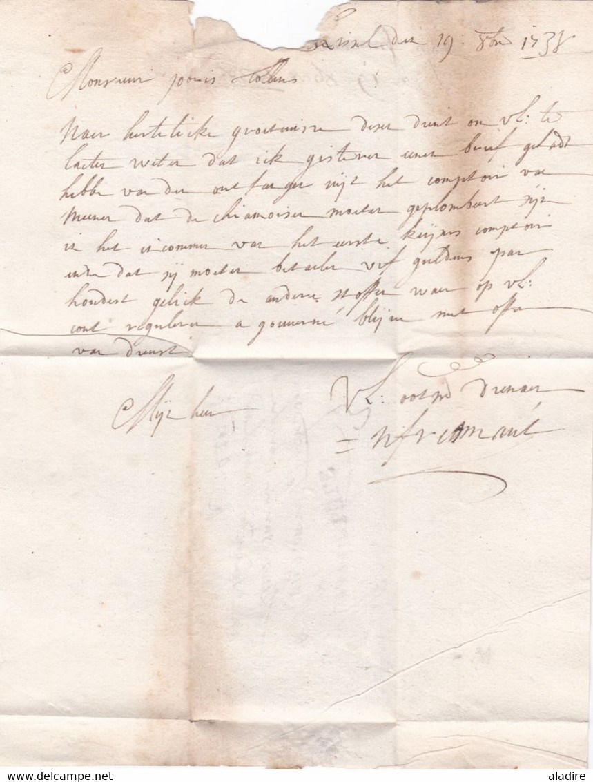 1738 - Marque postale LILLE, auj. Nord sur lettre pliée avec correspondance en flamand vers Gand, Gent, Belgique auj.