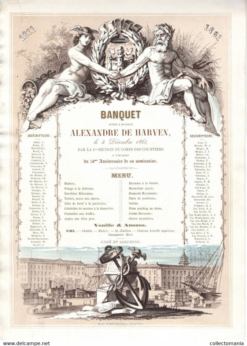 1 Carte Menu Banquet Offert à Mons.Alexandre DE Harven  1861  Du 50me Anniversaire De Sa Nomination  Litho.Ratinckx Fr. - Porcelaine